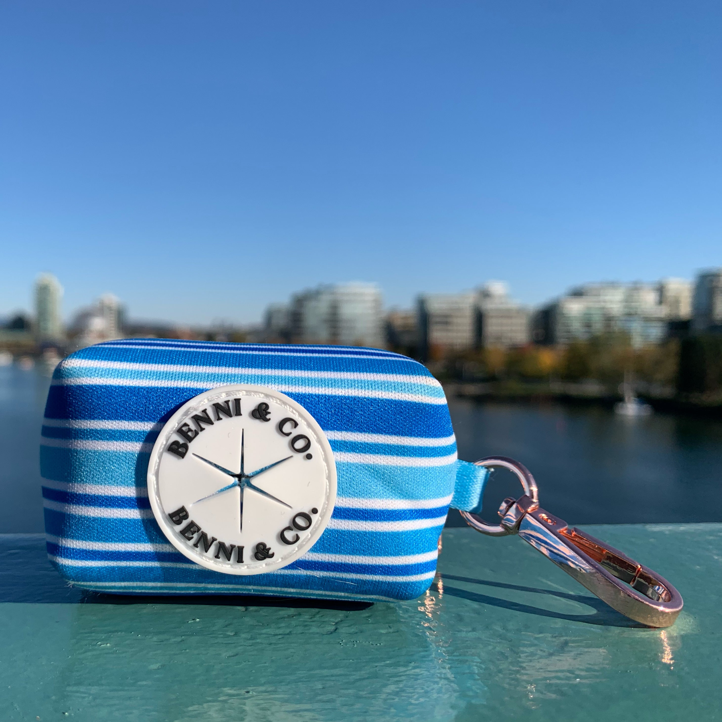 Ride the Waves neoprene potty bag holder with rose gold zipper and clip, featuring a stylish double-sided design.